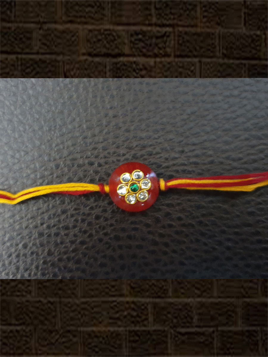 Red round glass bead kundan rakhi - Odara Jewellery