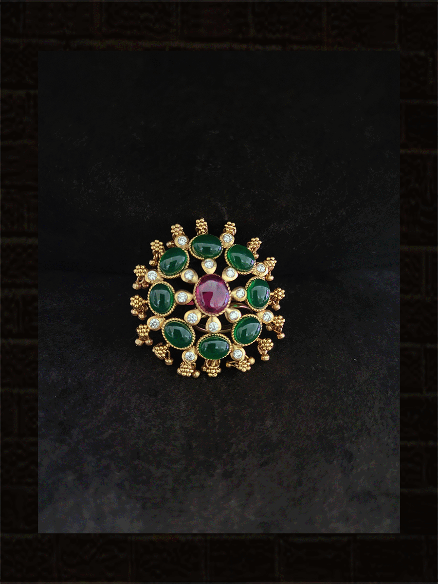 Ruby and green stone studded openable ring with ghunghru hangings - Odara Jewellery