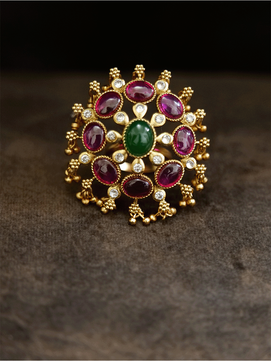 Ruby and green stone studded openable ring with ghunghru hangings - Odara Jewellery