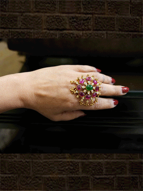 Ruby and green stone studded openable ring with ghunghru hangings - Odara Jewellery