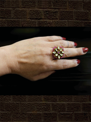 Round and tear drop kundan pirohi work adjustable ring - Odara Jewellery
