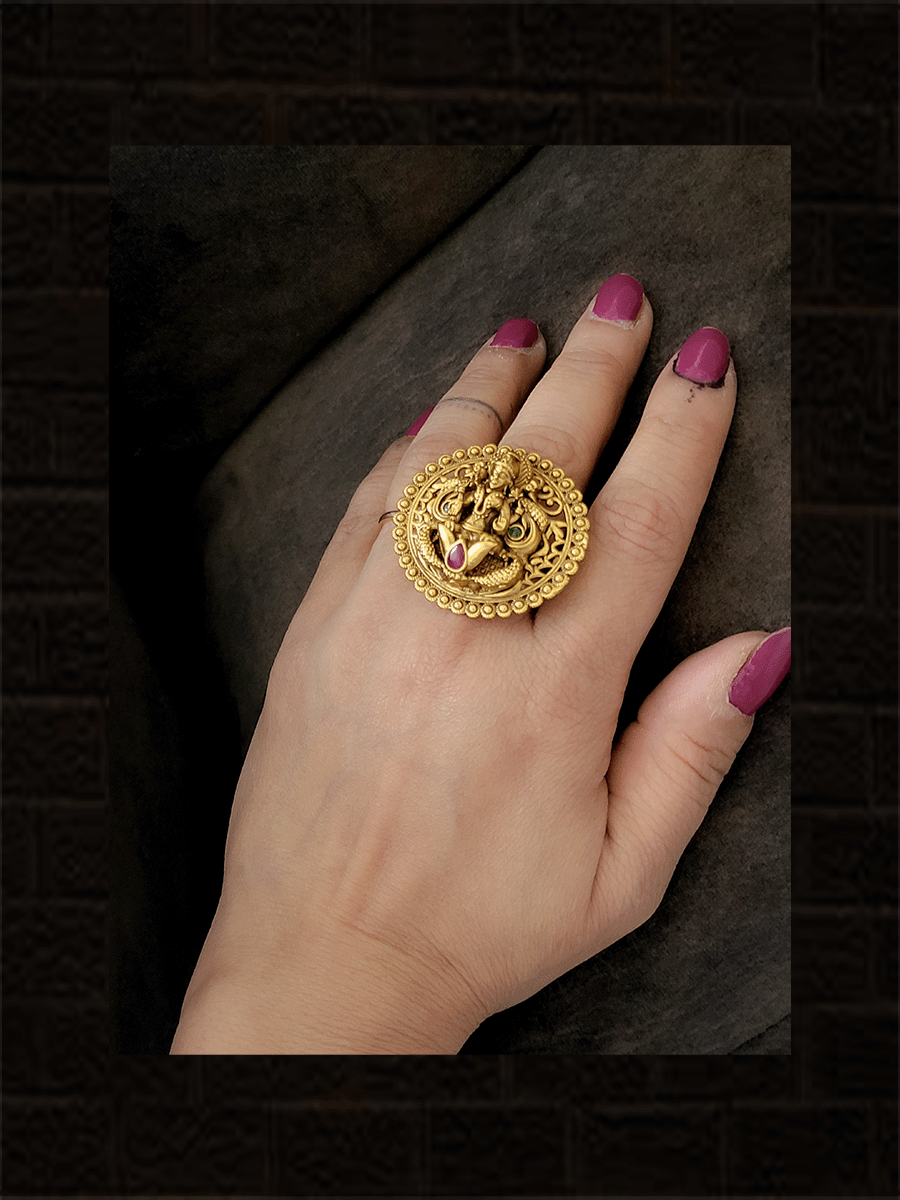 Oval bold laxmiji openable ring with ruby and green stones