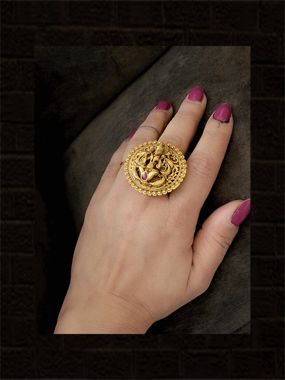 Oval bold laxmiji openable ring with ruby and green stones