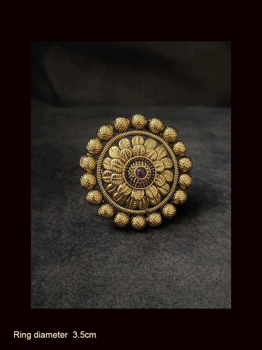 Gold bead lace ruby stone flower design adjustable ring