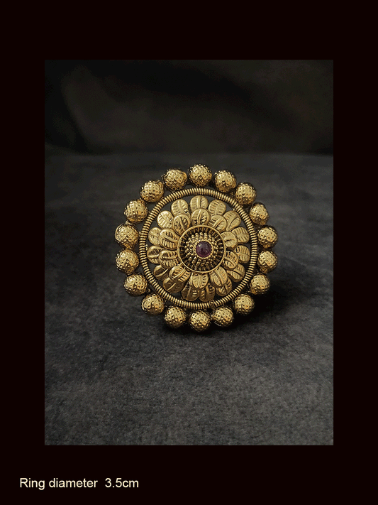 Gold bead lace ruby stone flower design adjustable ring