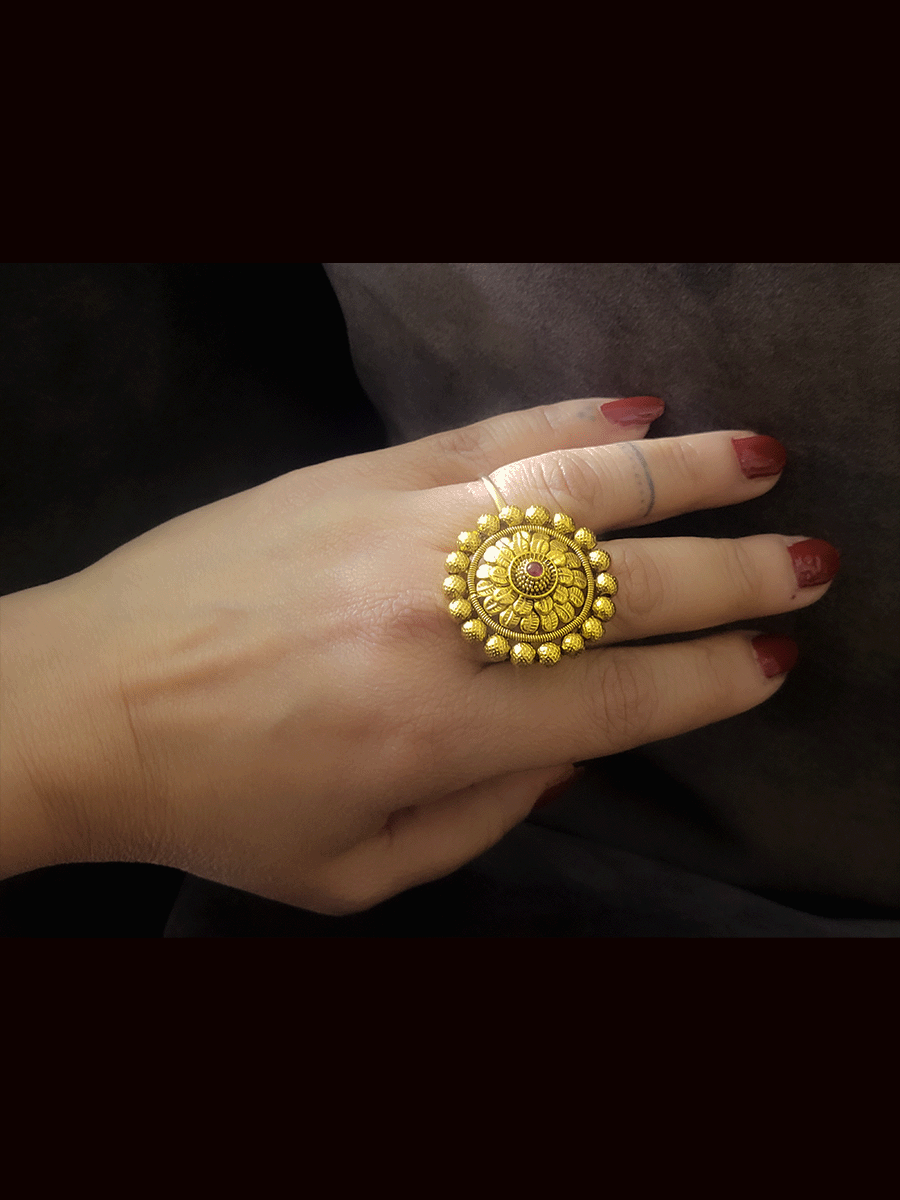 Gold bead lace ruby stone flower design adjustable ring