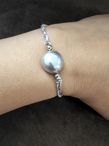 Grey baroque bead rakhi in white grey thread - Odara Jewellery