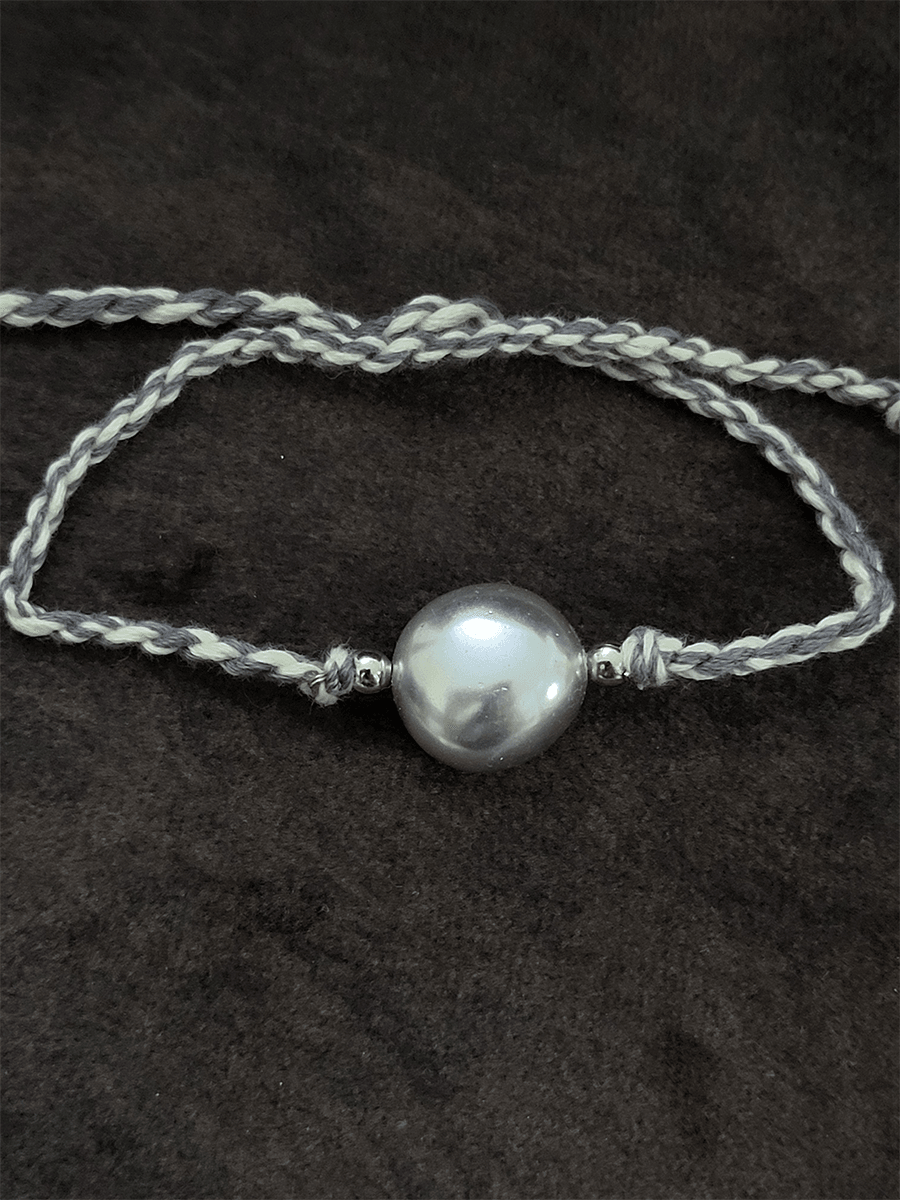 Grey baroque bead rakhi in white grey thread - Odara Jewellery