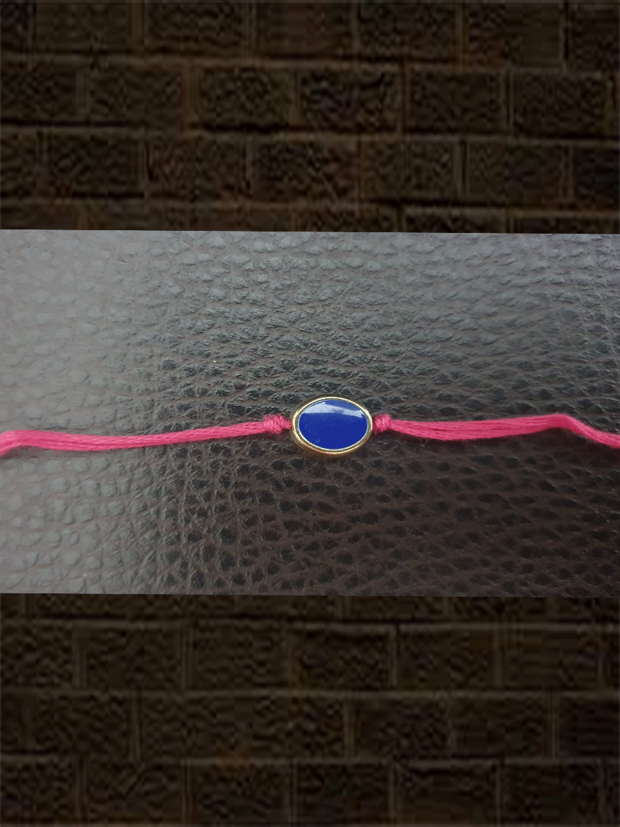 Magenta thread with blue enamel oval metal bead rakhi(approx-1 cm) - Odara Jewellery