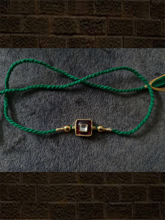 Square enamel and kundan rakhies with side gold beads in red and green thread - Odara Jewellery