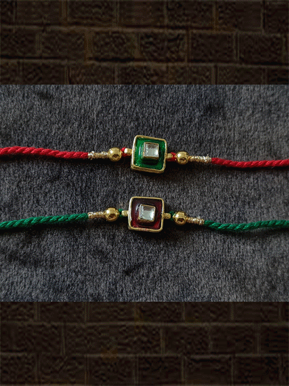 Square enamel and kundan rakhies with side gold beads in red and green thread - Odara Jewellery