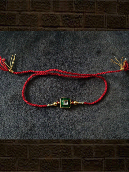 Square enamel and kundan rakhies with side gold beads in red and green thread - Odara Jewellery