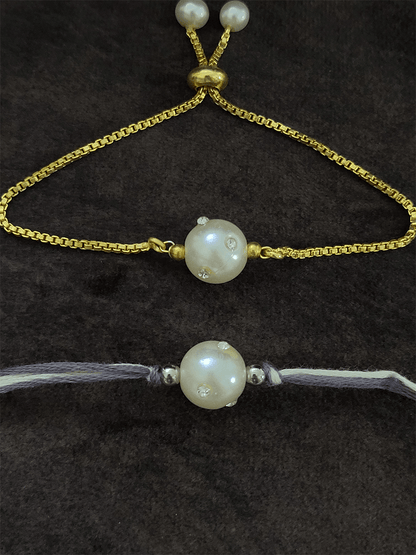 White bead studded with crystal bhai bhabhi rakhi - Odara Jewellery