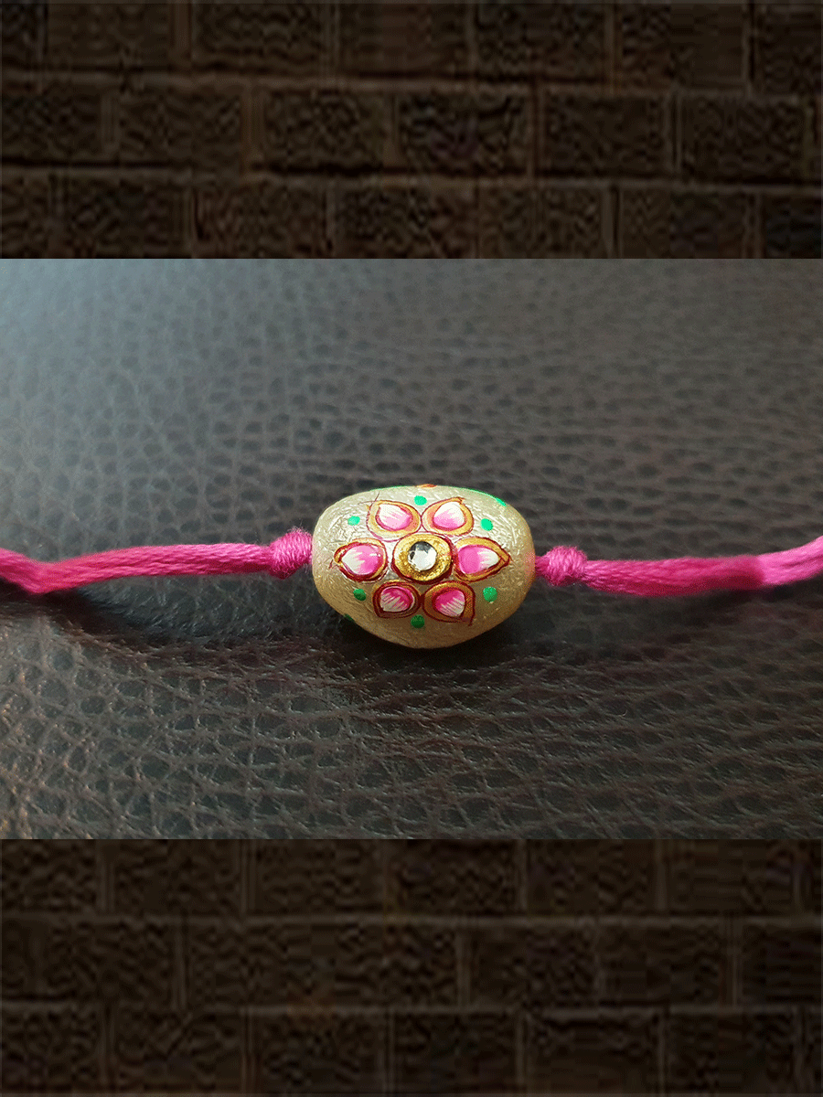 Hand painted pink green white bead rakhi with kundan stone - Odara Jewellery