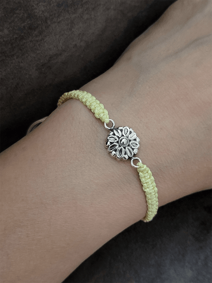 Sterling silver oxidised rakhi in adjustable off-white thread - Odara Jewellery