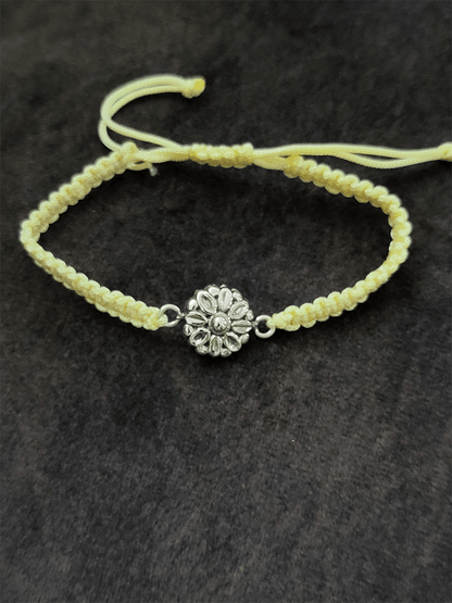 Sterling silver oxidised rakhi in adjustable off-white thread - Odara Jewellery