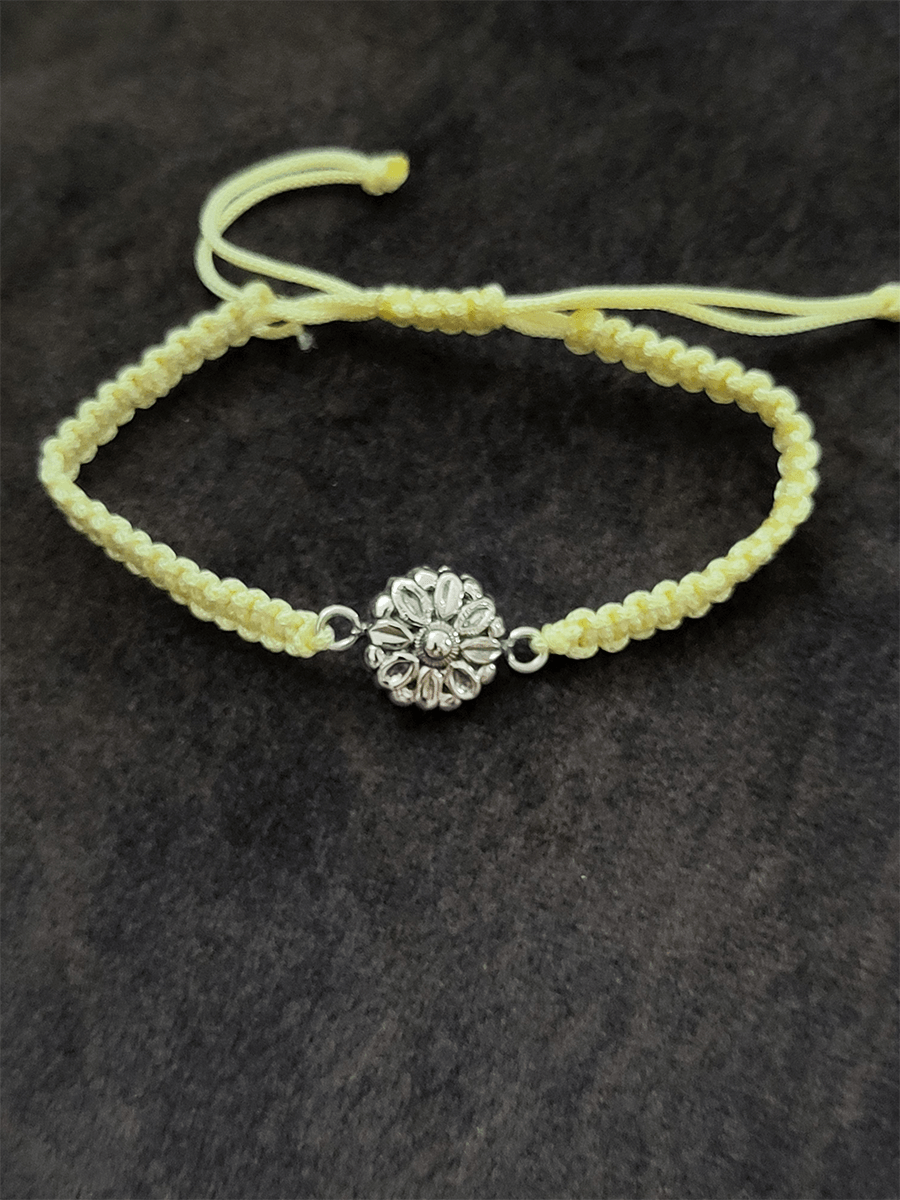 Sterling silver oxidised rakhi in adjustable off-white thread - Odara Jewellery