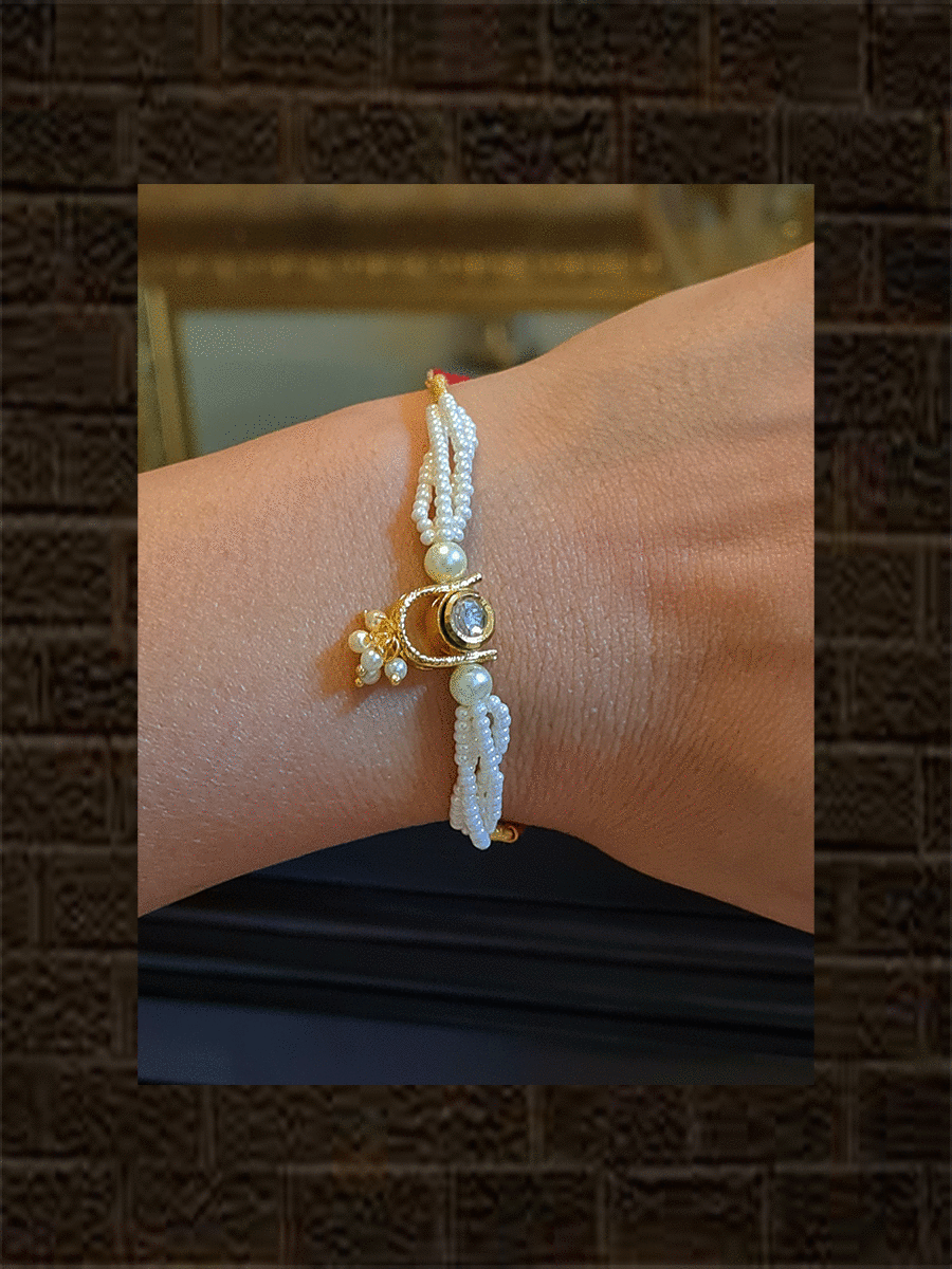 Pearl chain rakhi with kundan in U design tukdi with pearl hangings - Odara Jewellery