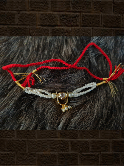 Pearl chain rakhi with kundan in U design tukdi with pearl hangings - Odara Jewellery