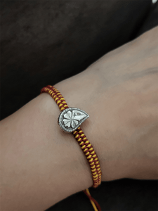 Sterling silver oxidised leaf design adjustable dori rakhi - Odara Jewellery