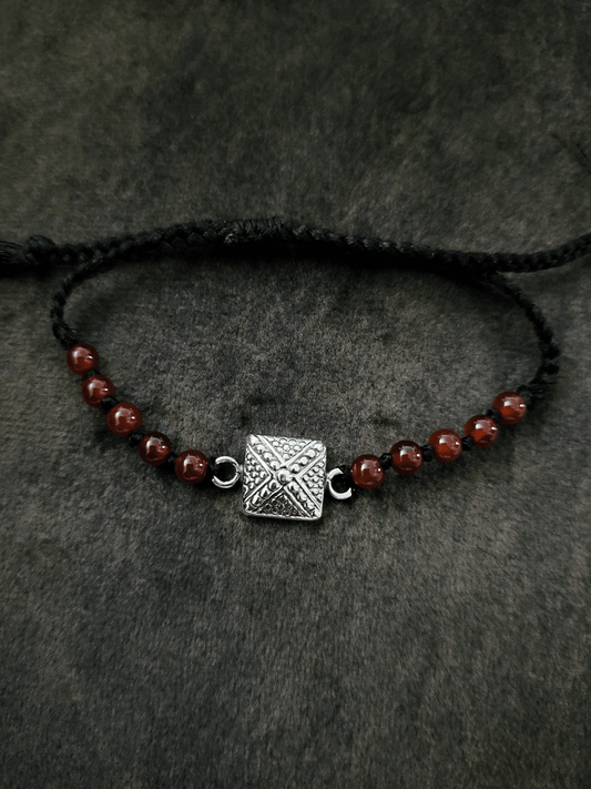 Sterling silver square oxidised black adjustable thread rakhi with red beads - Odara Jewellery