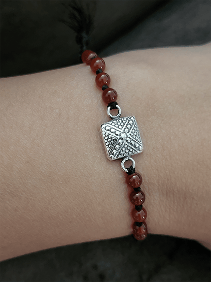 Sterling silver square oxidised black adjustable thread rakhi with red beads - Odara Jewellery