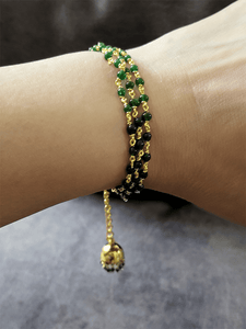 Three green strings bhabhi rakhi with hanging jhoomki - Odara Jewellery