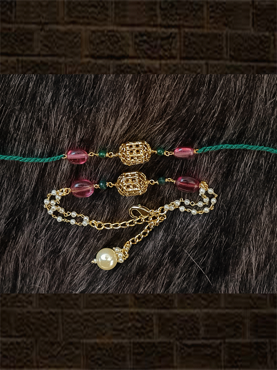 Gold bead with two ruby beads bhai bhabhi rakhi - Odara Jewellery