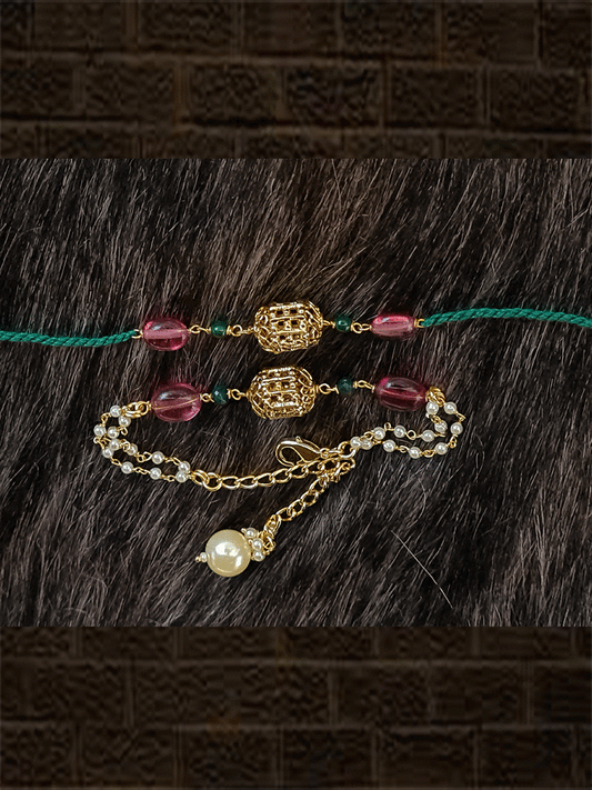 Gold bead with two ruby beads bhai bhabhi rakhi - Odara Jewellery