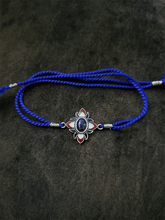 Load image into Gallery viewer, Sterling silver lapis stone white and red enamel flower design rakhi - Odara Jewellery