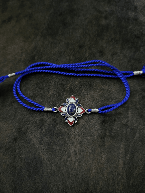 Sterling silver lapis stone white and red enamel flower design rakhi - Odara Jewellery
