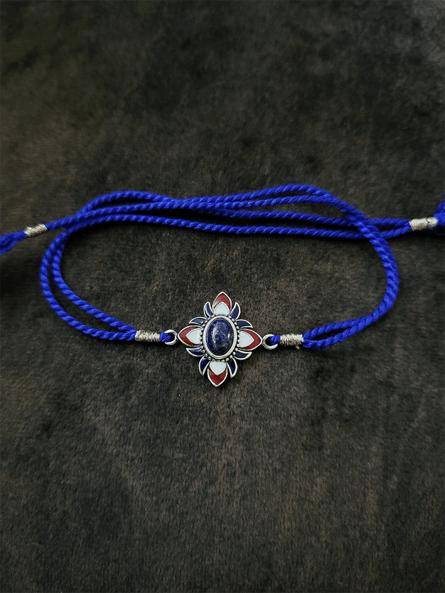Sterling silver lapis stone white and red enamel flower design rakhi - Odara Jewellery