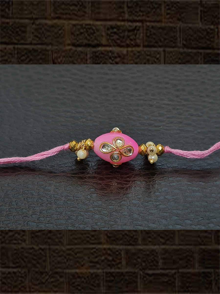 Pink glass bead with kundan work pearly cluster rakhi - Odara Jewellery