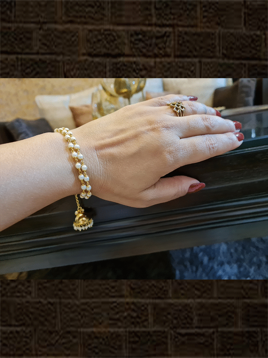 Bhabhi bracelet rakhi with double pearl chain with hanging jhoomki - Odara Jewellery