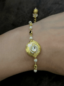 Gold bead with kundan and pirohi work bhabhi rakhi - Odara Jewellery