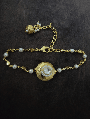 Gold bead with kundan and pirohi work bhabhi rakhi - Odara Jewellery