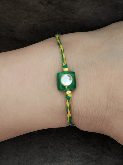 Square small glass bead white stone in the center rakhi - Odara Jewellery