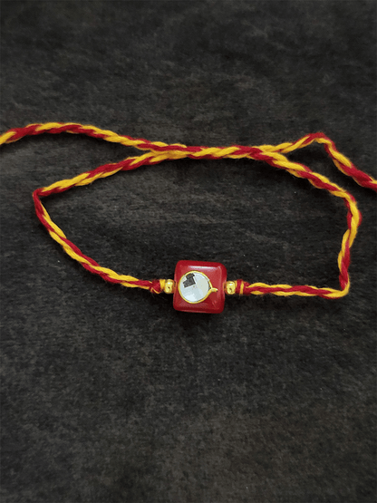 Square small glass bead white stone in the center rakhi - Odara Jewellery