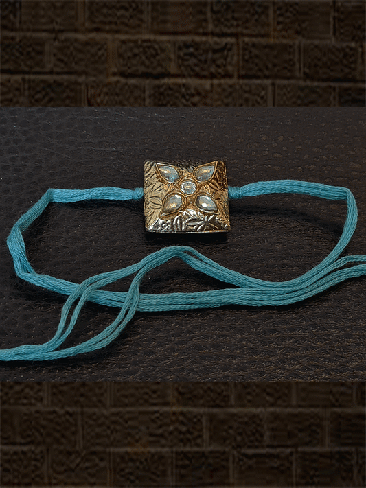 Light blue thread square gold bead with kundan work - Odara Jewellery