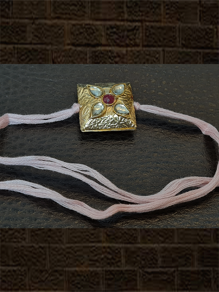 Light pink thread square gold bead with kundan and ruby stone work - Odara Jewellery
