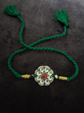 Load image into Gallery viewer, Green thread pacchi kundan bhai rakhi - Odara Jewellery