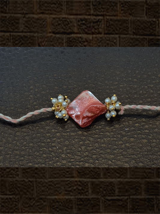 Pink natural stone with side pearl beads rakhi - Odara Jewellery