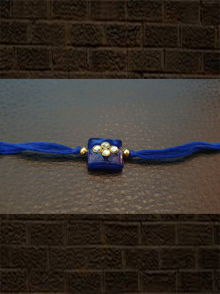 Small royal blue glass bead square kundan rakhi - Odara Jewellery