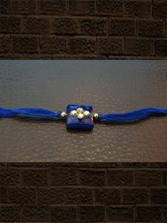 Small royal blue glass bead square kundan rakhi - Odara Jewellery
