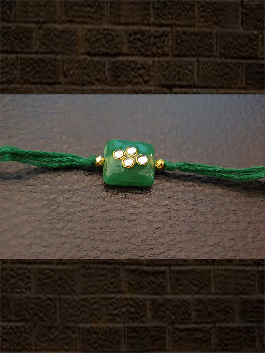 Small green glass bead square kundan rakhi - Odara Jewellery