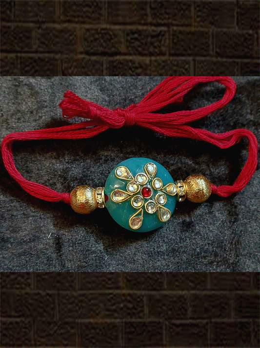 Ferozi round bead kundan work with side gold beads rakhi - Odara Jewellery