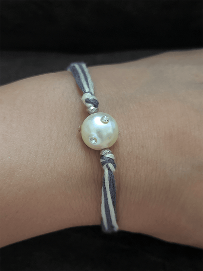 White stones embedded white bead grey thread rakhi - Odara Jewellery