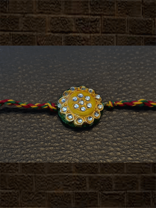 Flower design yellow enamel kundan work rakhi - Odara Jewellery