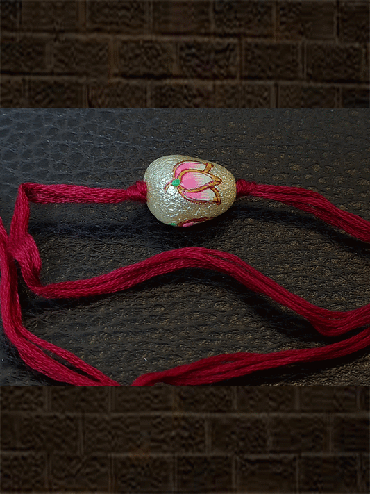 Red thread white bead hand painted pink flower rakhi - Odara Jewellery