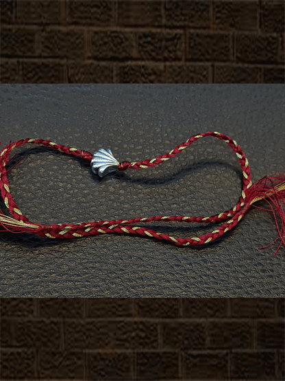 Maroon and gold thread oxidised shell design sterling silver rakhi - Odara Jewellery